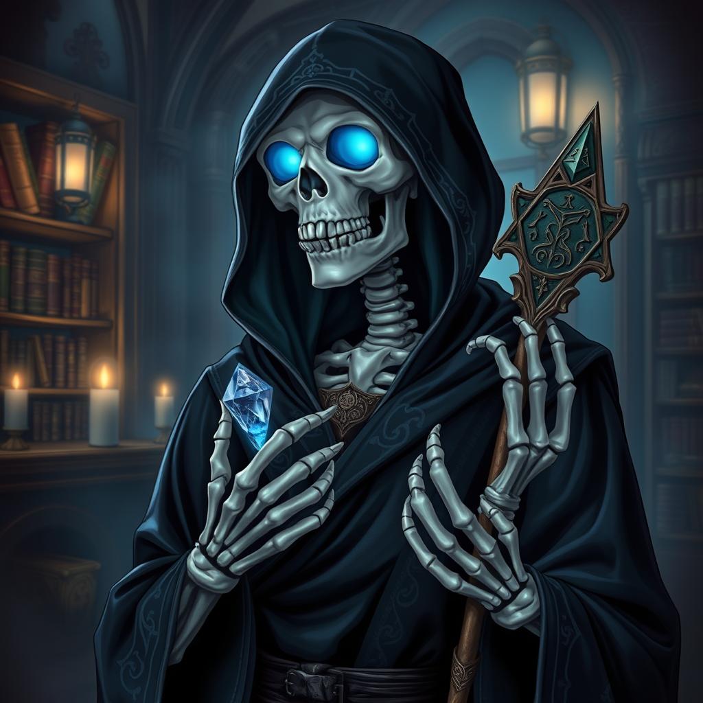 A character portrait of a well-mannered and thoughtful skeleton necromancer, elegantly dressed in dark, flowing robes with silver patterns, wearing a hood that partially hides its skull