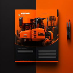 Create a catalog cover design for 'OZKAR MAKINA' company, dominated by orange and black colors. Include in the design a themed photo.