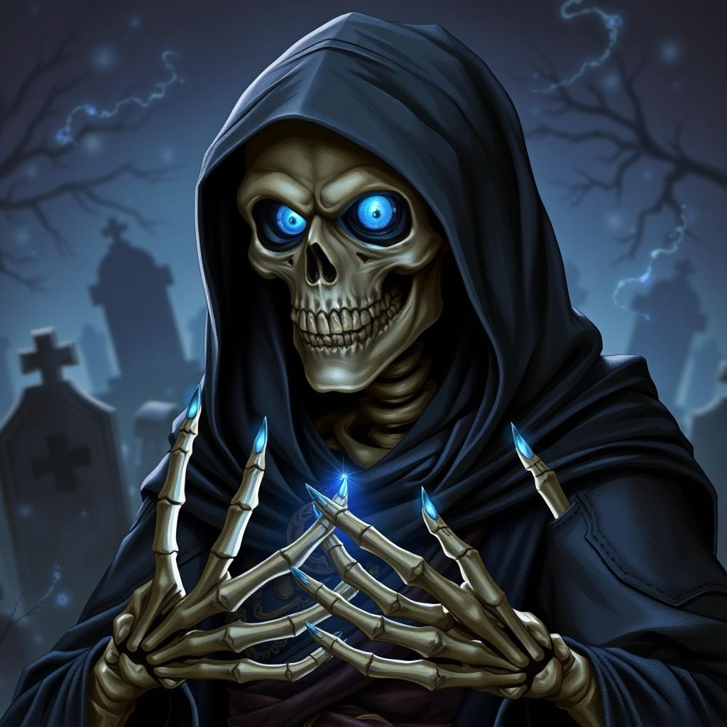 A character portrait of a well-mannered and thoughtful skeleton necromancer, adorned with a dark, flowing hood