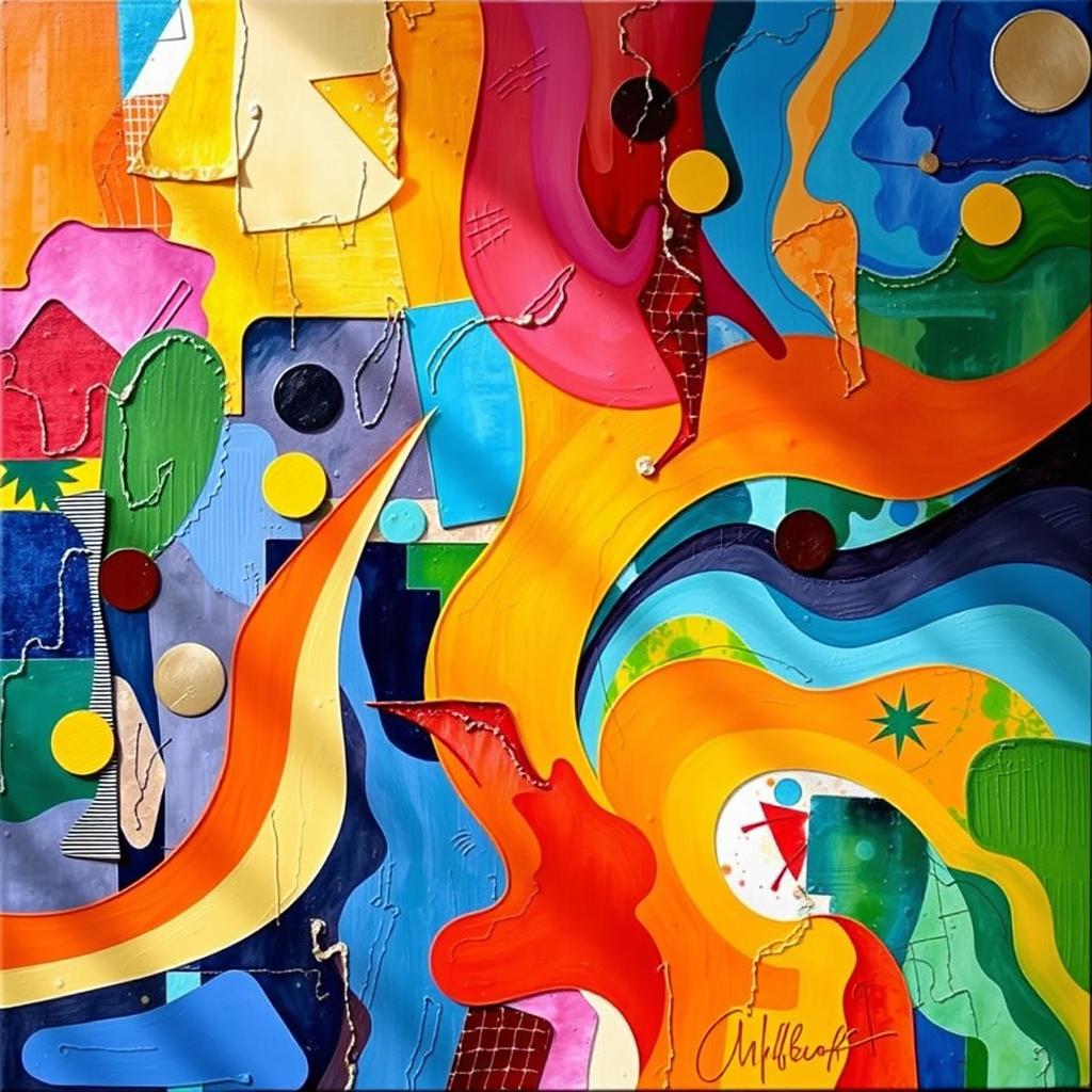 A vibrant abstract artwork featuring a harmonious blend of complementary colors, utilizing principles of balance and contrast