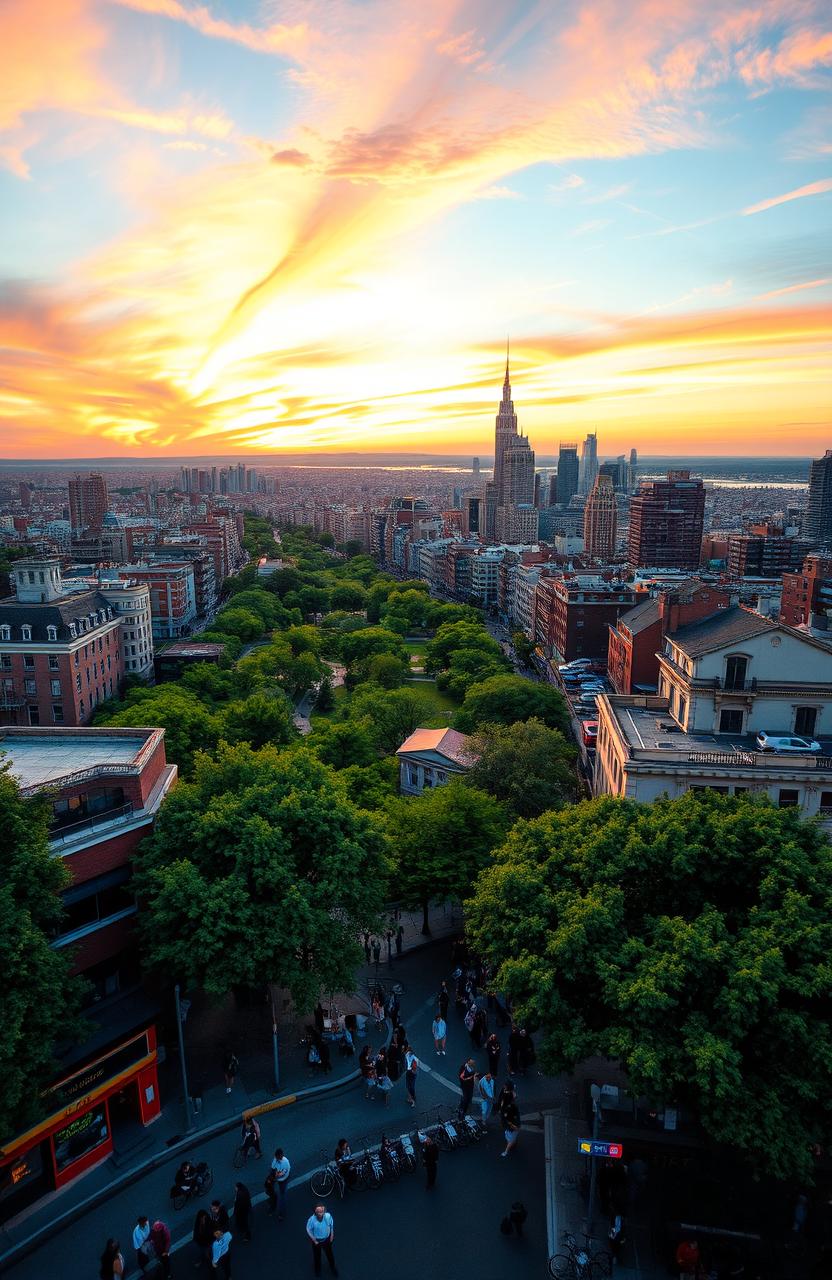 A breathtaking cityscape at sunrise, with vibrant hues of orange and pink in the sky, illuminating a diverse city filled with modern architecture and historic buildings