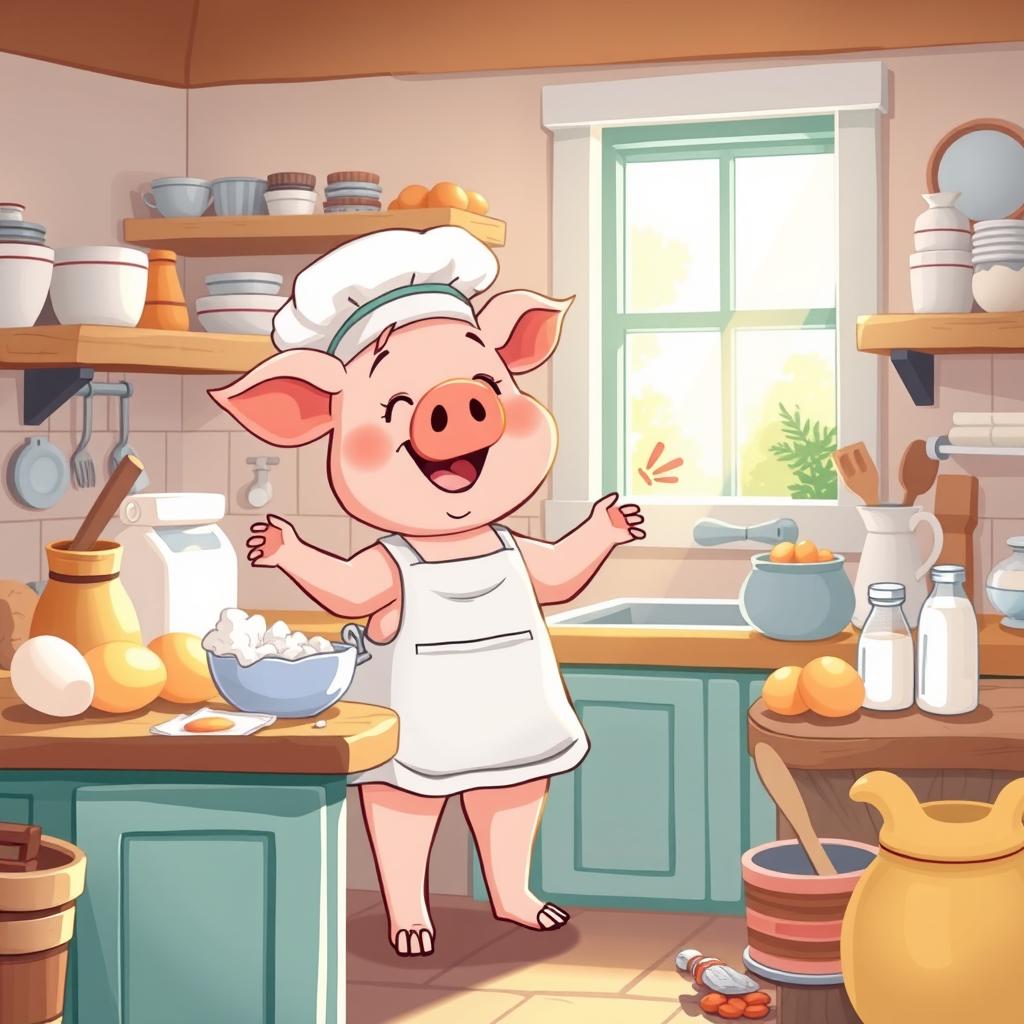 A whimsical illustration of a cute cartoon pig gathering ingredients in a cozy kitchen