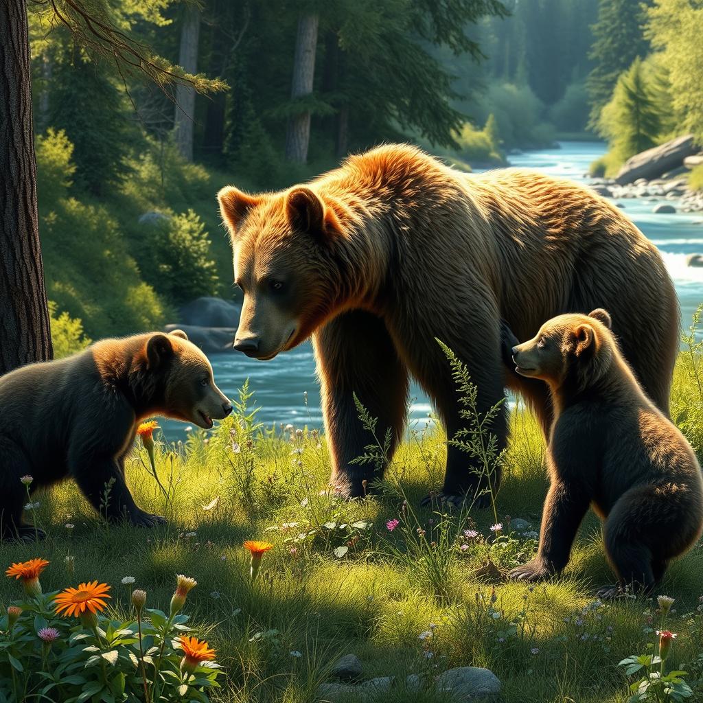A family of grizzly bears interacting in their natural habitat, showcasing realistic wildlife behavior