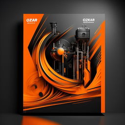 Create a catalog cover design for 'OZKAR MAKINA' company, dominated by orange and black colors. Include in the design a themed photo.