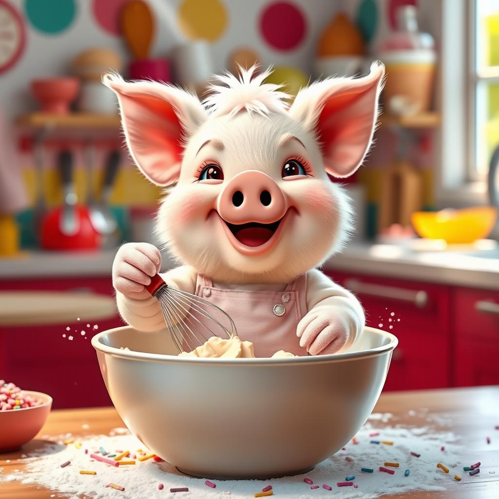 A cute pig happily mixing batter in a large mixing bowl, showing an expression of excitement and joy
