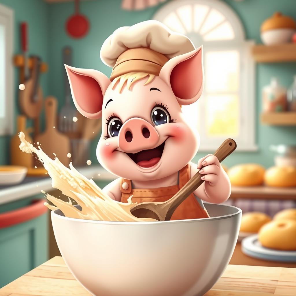 A cute, cartoon-style pig enthusiastically mixing batter in a big bowl