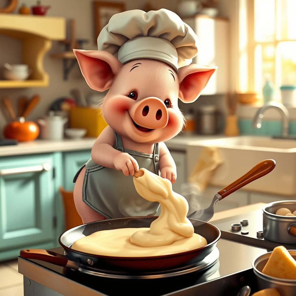 A cute pig with a cheerful expression, wearing a small chef hat and apron, carefully pouring batter onto a sizzling pan