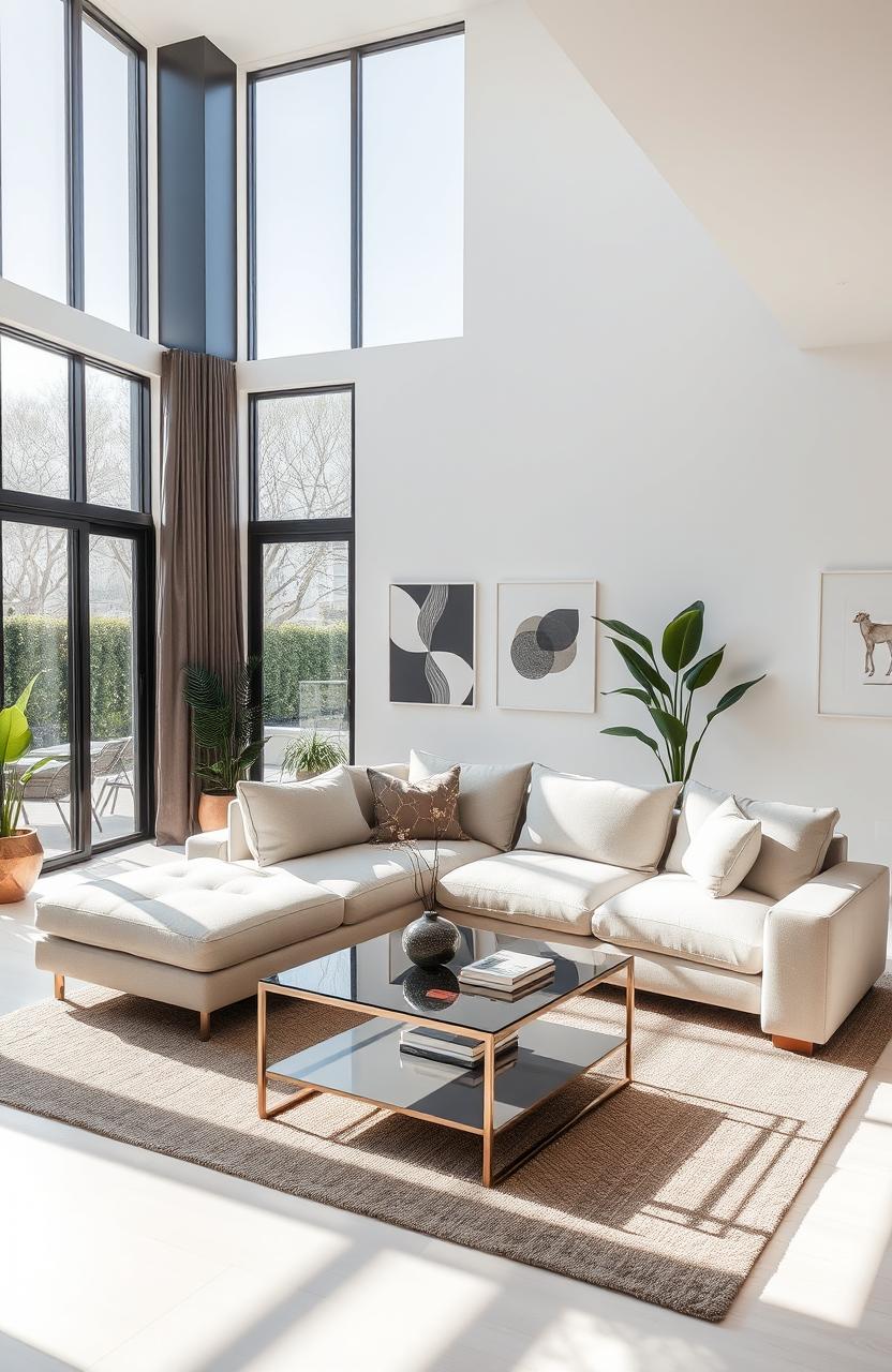 A sleek modern interior design of a living room featuring minimalist furniture, large windows allowing natural light to flood the room, a cozy yet stylish sectional sofa in neutral colors, a contemporary coffee table made of glass and metal, chic art pieces on the walls, indoor plants for a touch of greenery, and a soft area rug underneath