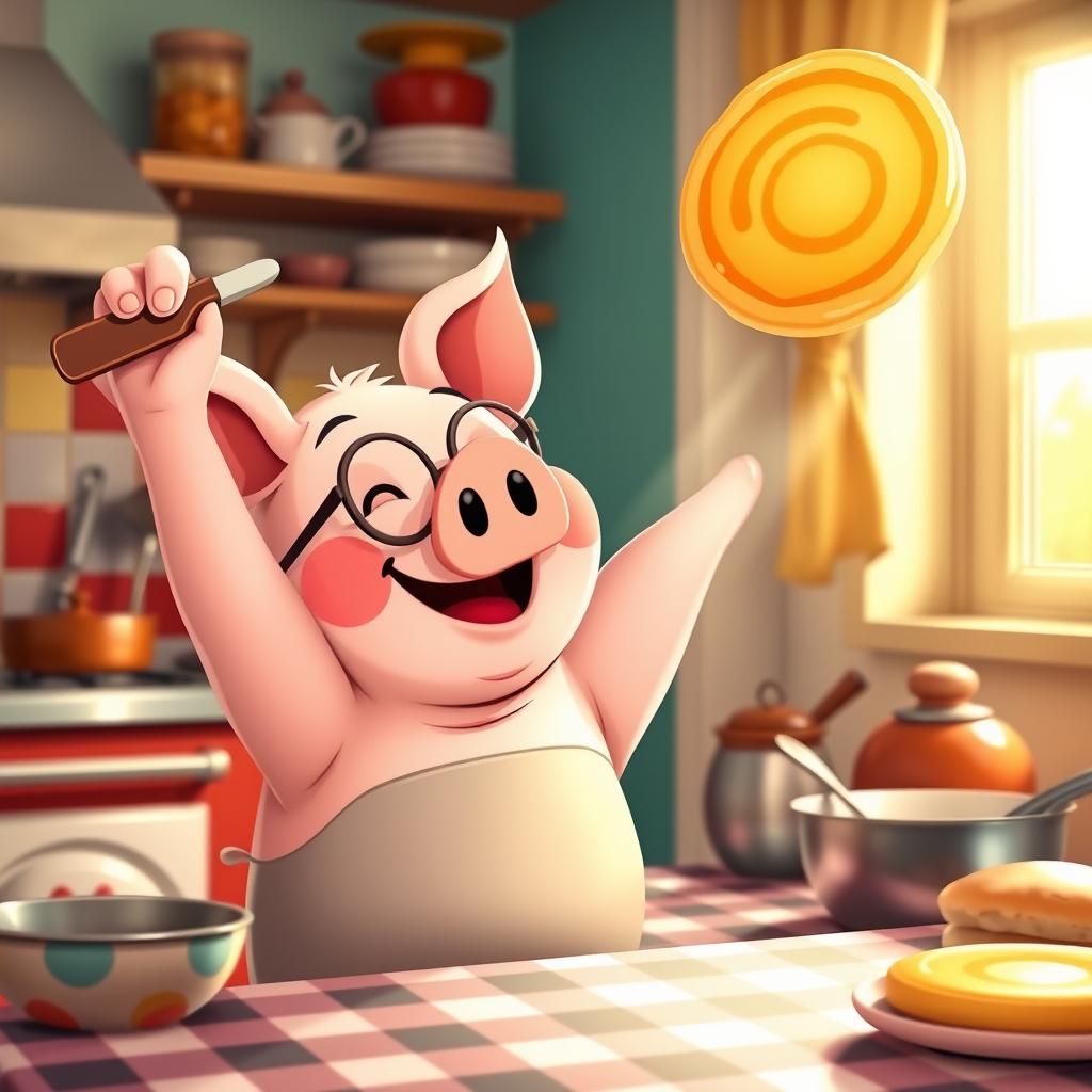 A cute, cartoonish pig joyfully flipping a pancake high in the air with a spatula