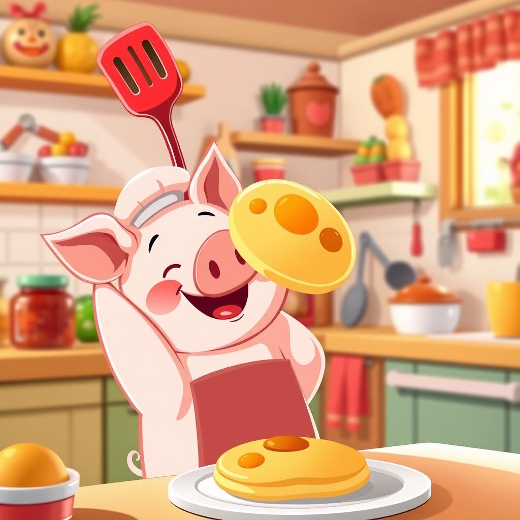 A cute, cartoon-style pig joyfully flipping a pancake high into the air with a bright red spatula, surrounded by a colorful kitchen setting filled with various cooking utensils and ingredients