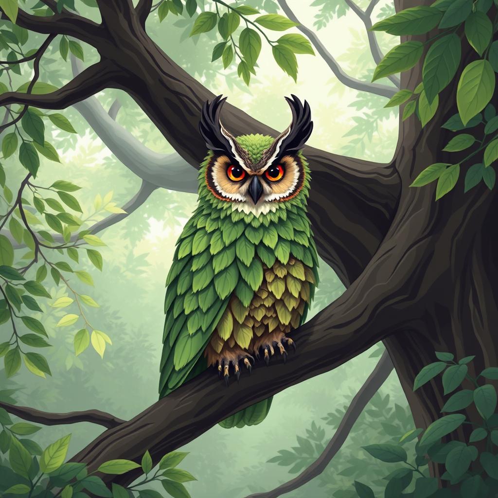 A great horned owl perched majestically on a branch in a lush woodland setting