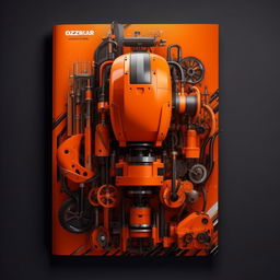 Create a catalog cover design for 'OZKAR MAKINA' company, dominated by orange and black colors. Include in the design a themed photo.