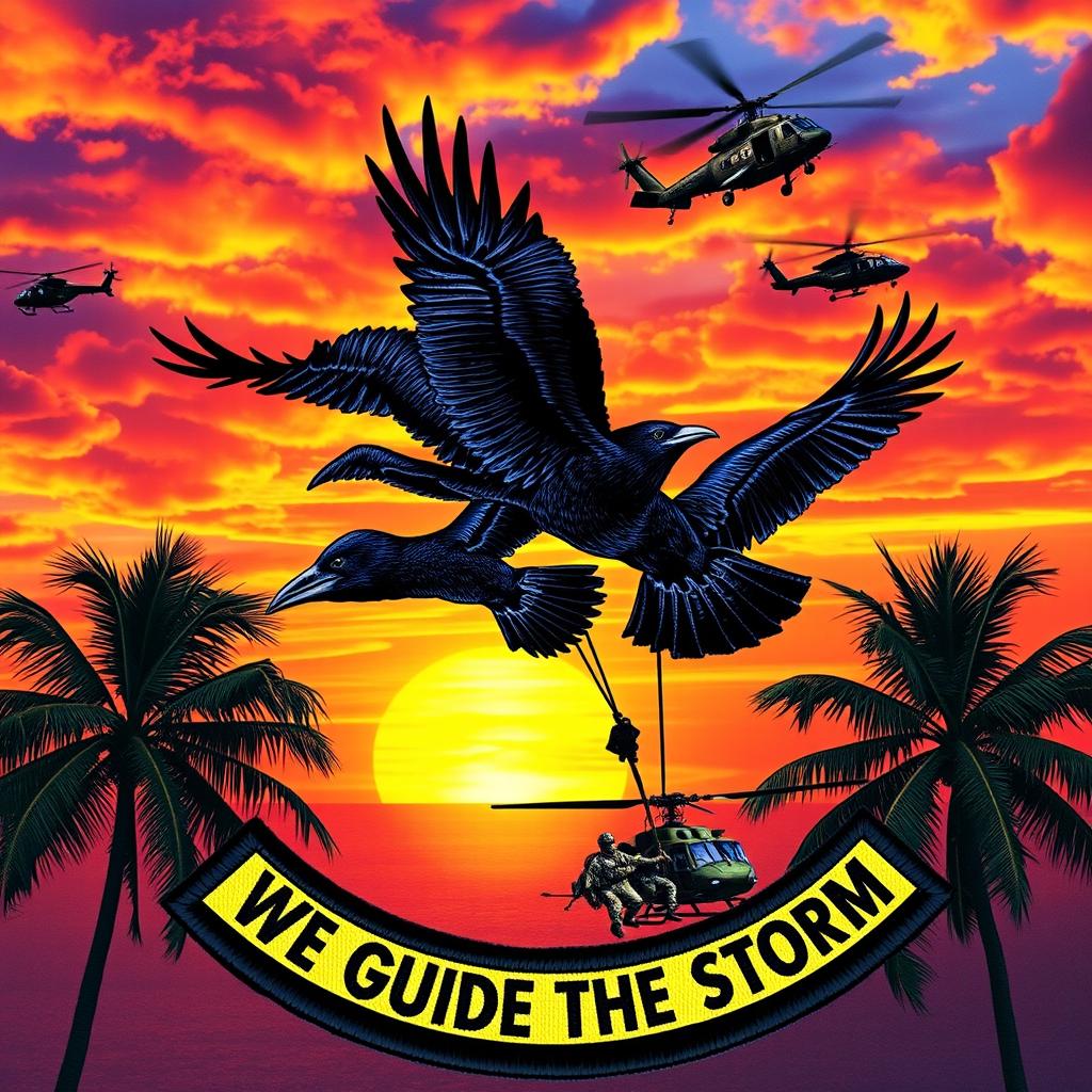 A visually captivating patch design featuring three crows flying in a dynamic formation as the centerpiece, set against a vibrant Hawaiian sunset filled with rich oranges, pinks, and purples