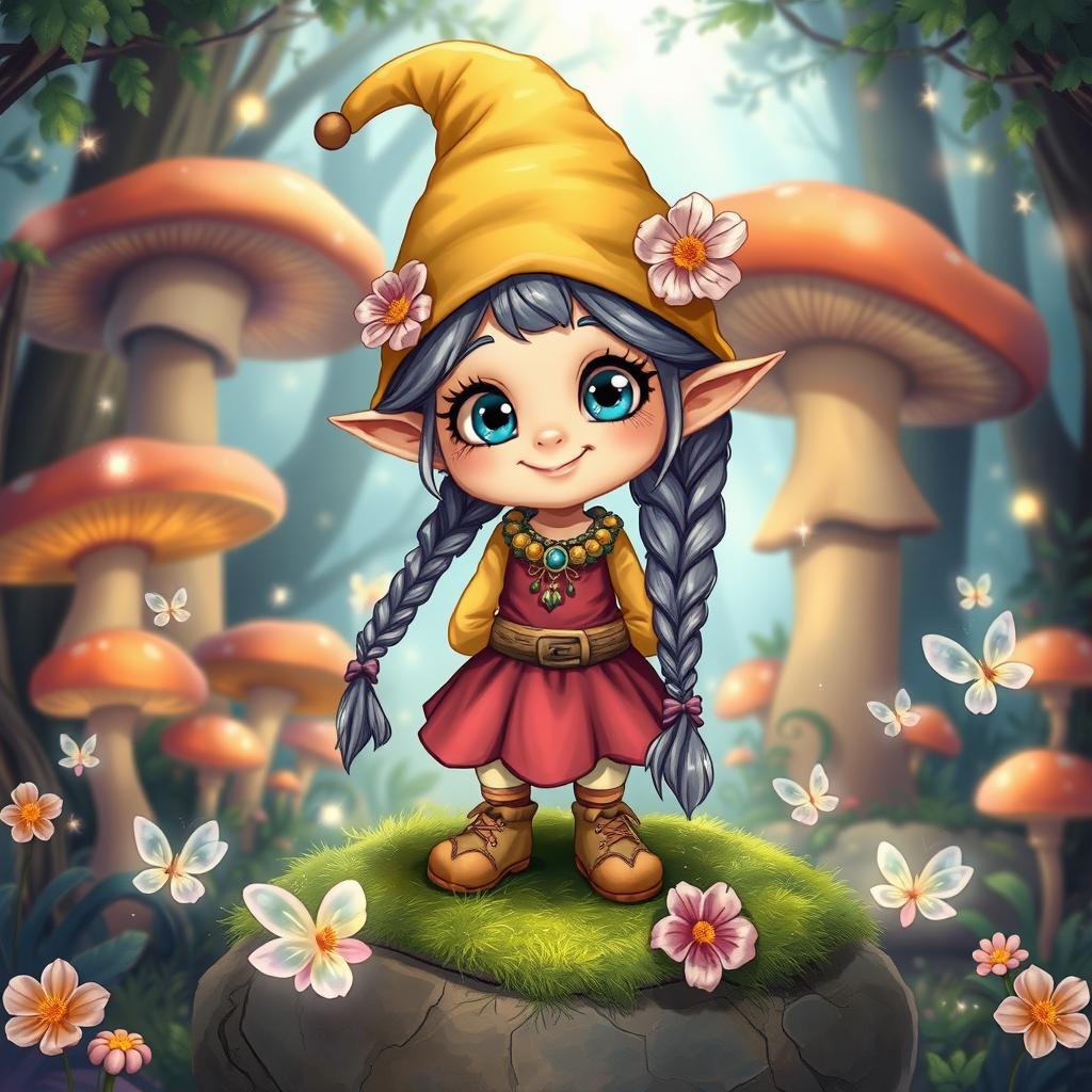 A beautiful female gnome illustration, depicting her with vibrant, colorful attire and whimsical features