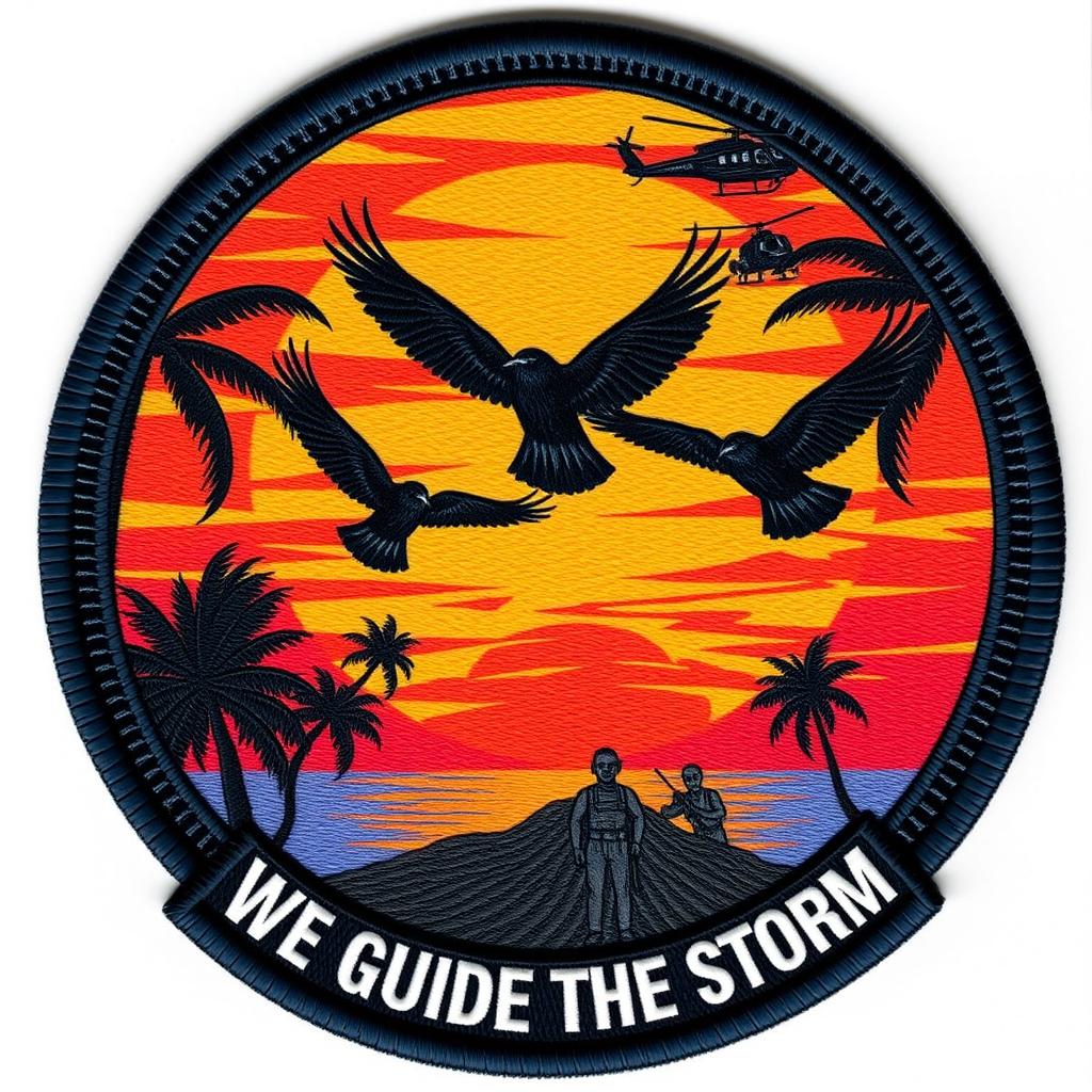 A striking patch design showcasing three crows flying prominently in the center, set against a vibrant Hawaiian sunset filled with rich oranges, pinks, and purples