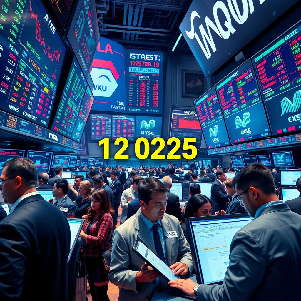 A detailed and visually striking image representing a futuristic stock market scene set on April 12, 2025