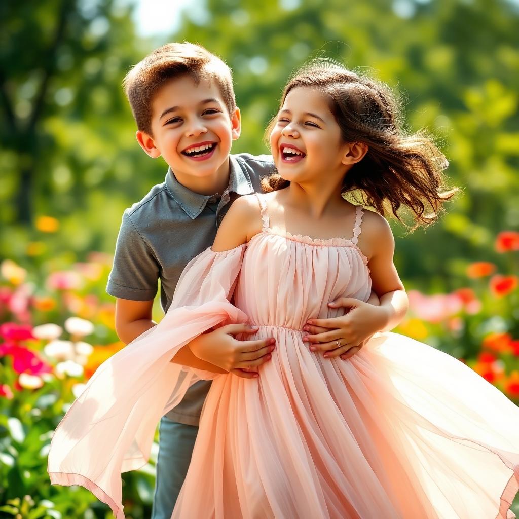 A joyful scene featuring a boy standing behind a girl who is wearing a beautiful flowing dress
