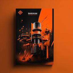 Create a catalog cover design for 'OZKAR MAKINA' company, dominated by orange and black colors. Include in the design a themed photo.