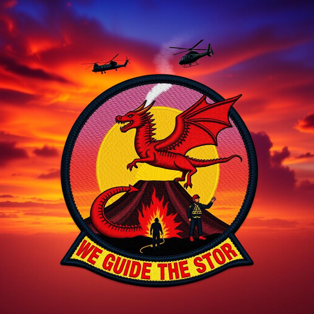 An eye-catching patch design featuring a majestic red dragon flying prominently in the center, set against a vibrant Hawaiian sunset with deep oranges, fiery reds, and purples illuminating the sky