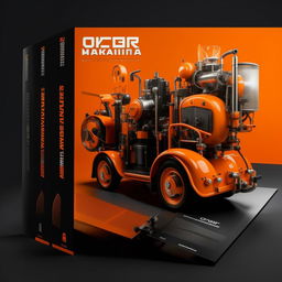 Design a catalog cover for 'OZKAR MAKINA' company, filled with orange and black colors, and incorporates a themed photo.