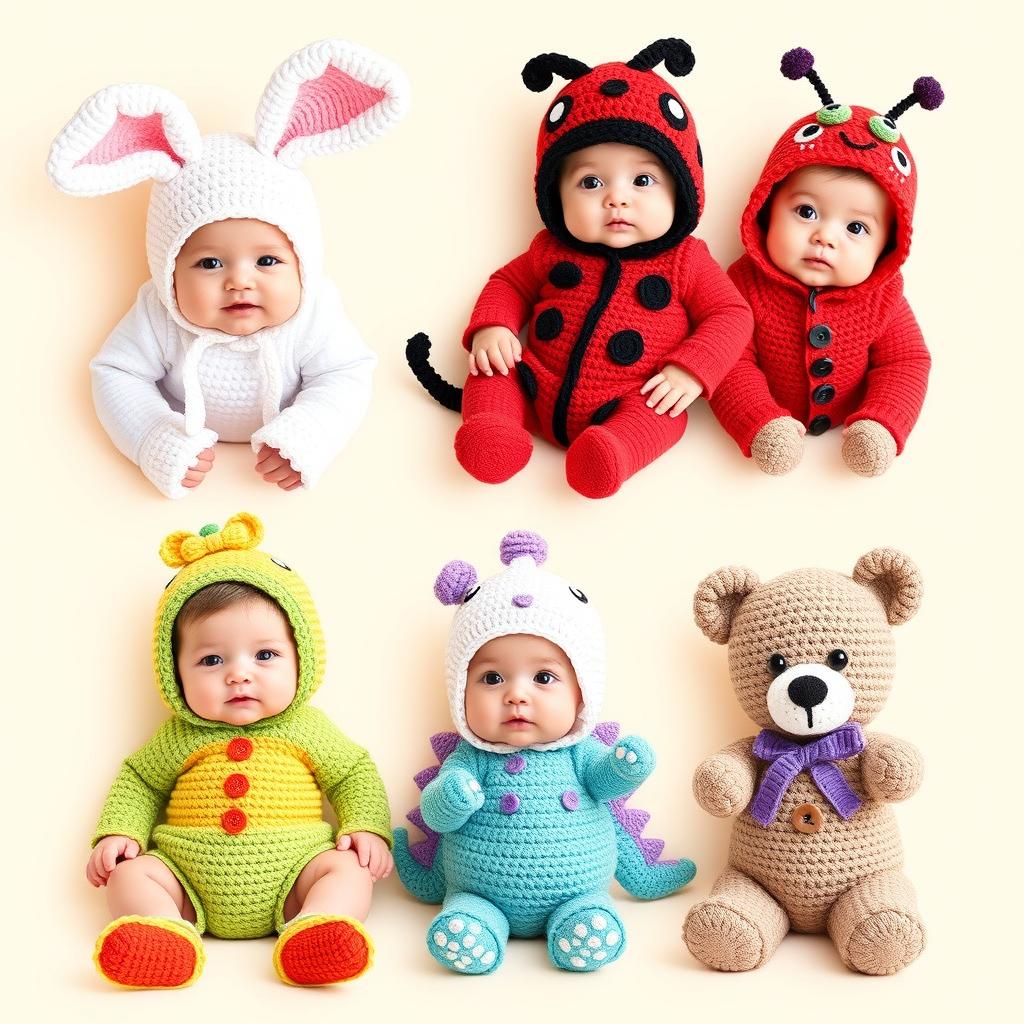 Adorable babies dressed in a variety of whimsical crochet costumes, featuring vibrant colors and intricate patterns