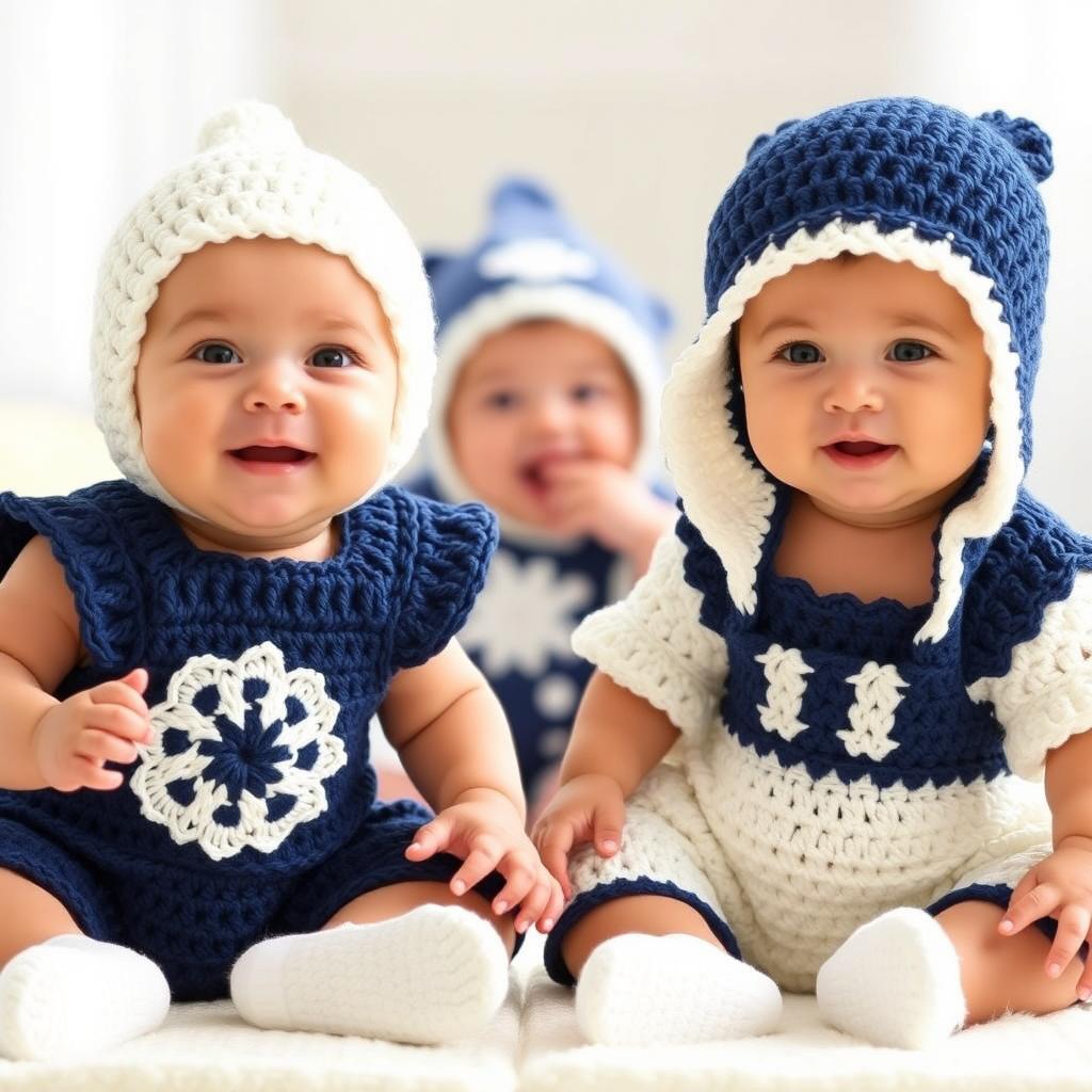 A delightful scene featuring adorable babies dressed in various crochet costumes