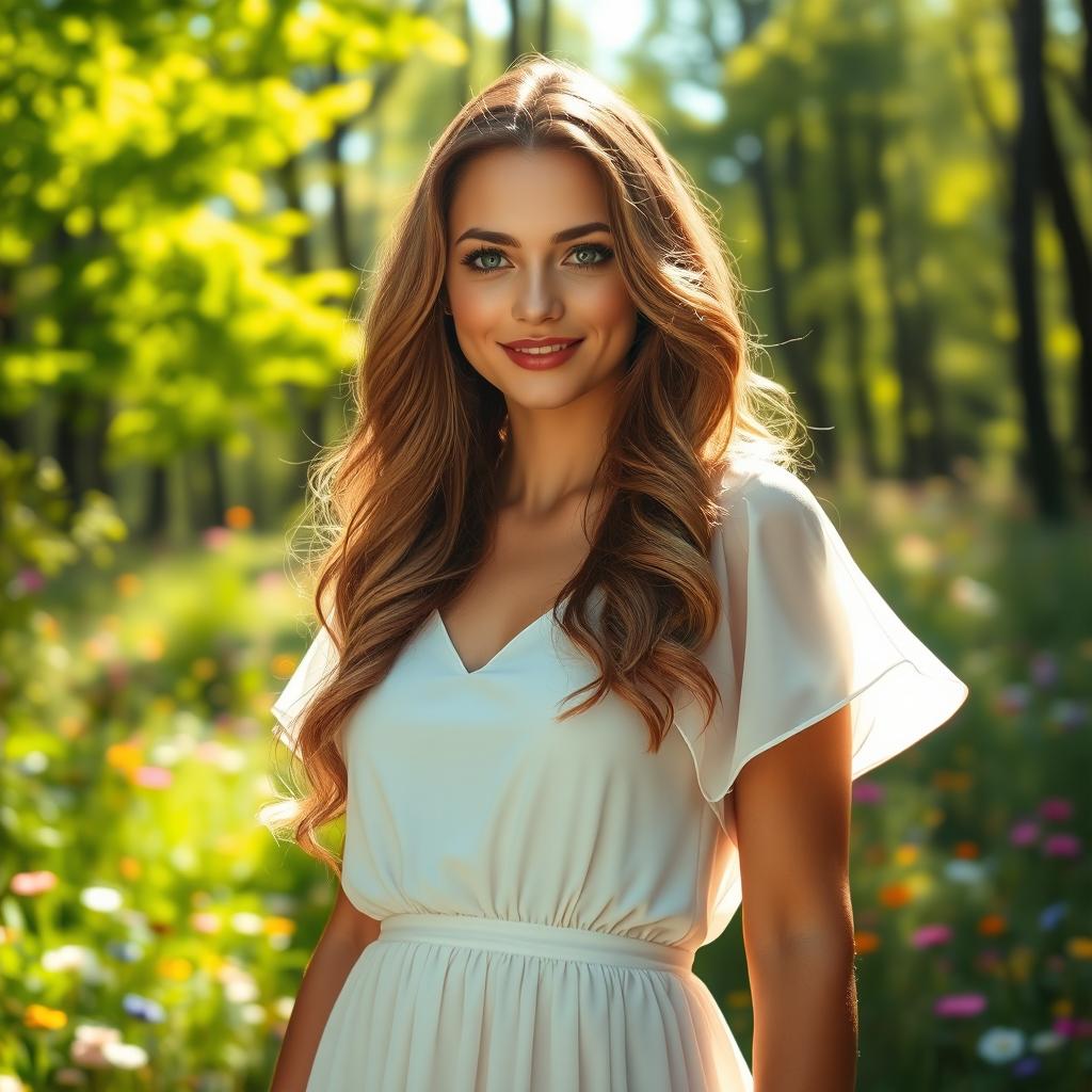 A beautiful, elegant woman standing in a sunlit forest, wearing a flowing white dress that billows gently in the breeze