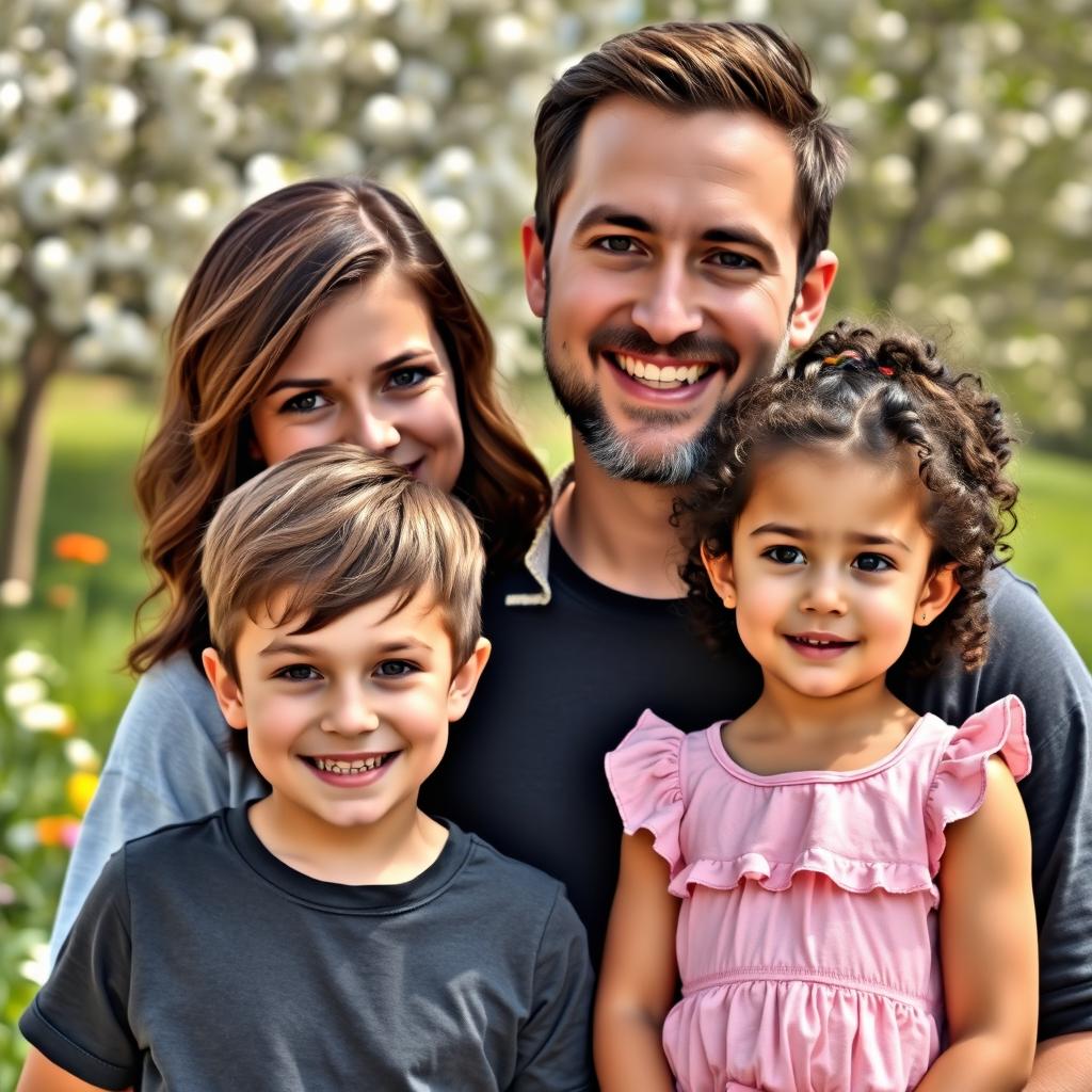 A family portrait featuring two realistic children and their parents