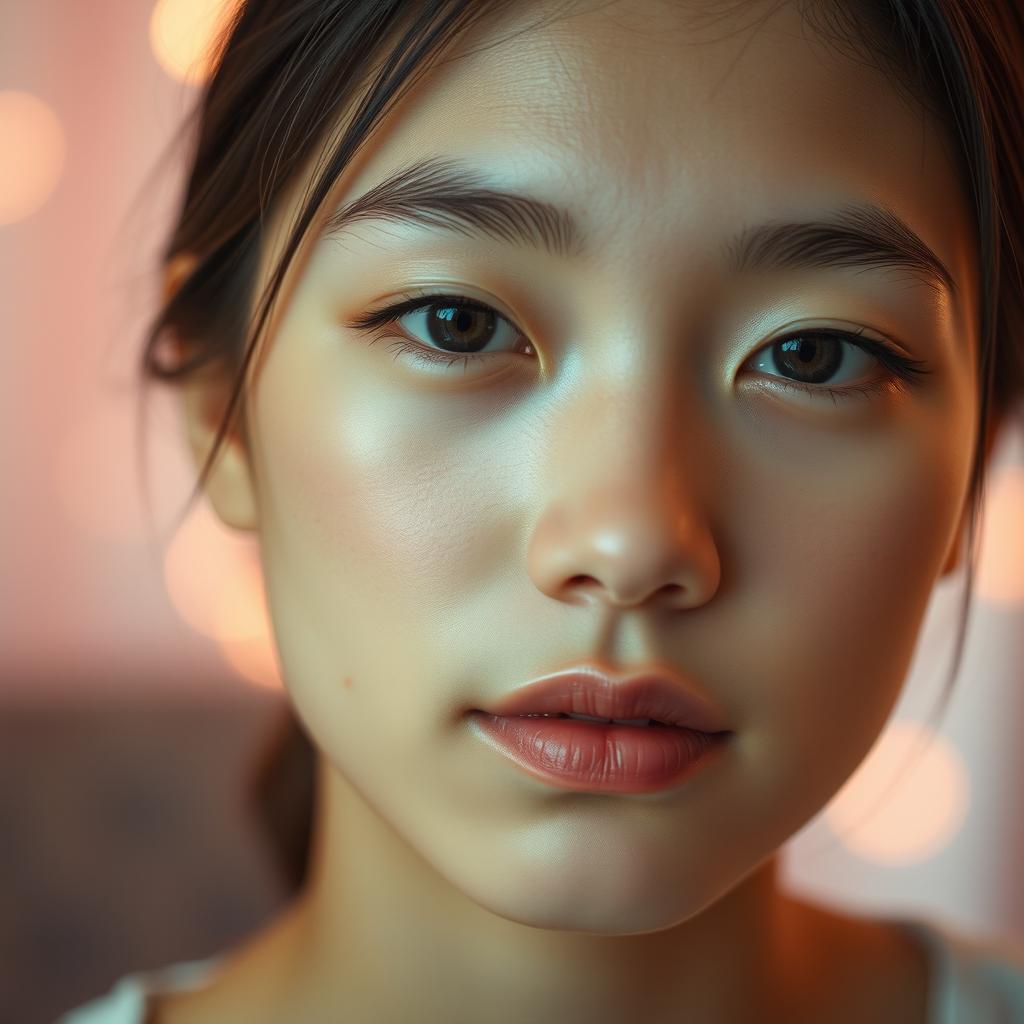 A close-up portrait of a young adult with soft features and warm lighting, emphasizing a tranquil atmosphere