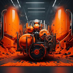 Design a catalog cover for 'OZKAR MAKINA' company, filled with orange and black colors, and incorporates a themed photo.