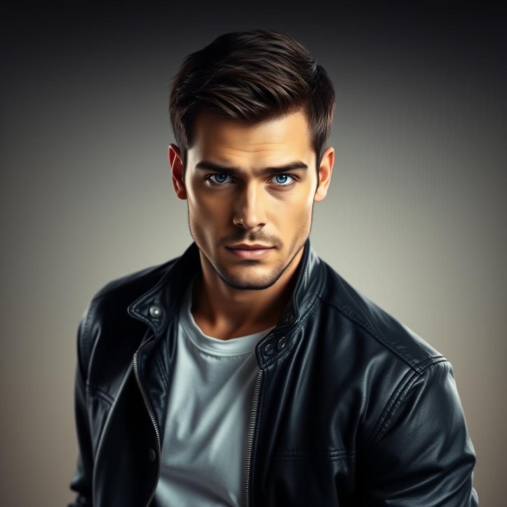 A realistic portrait of a male figure, showcasing strong facial features and a confident expression