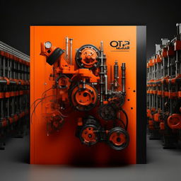 Design a catalog cover for 'OZKAR MAKINA' company, filled with orange and black colors, and incorporates a themed photo.