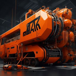 Design a catalog cover for 'OZKAR MAKINA' company, filled with dominating orange and black colors, and incorporates a themed photo.