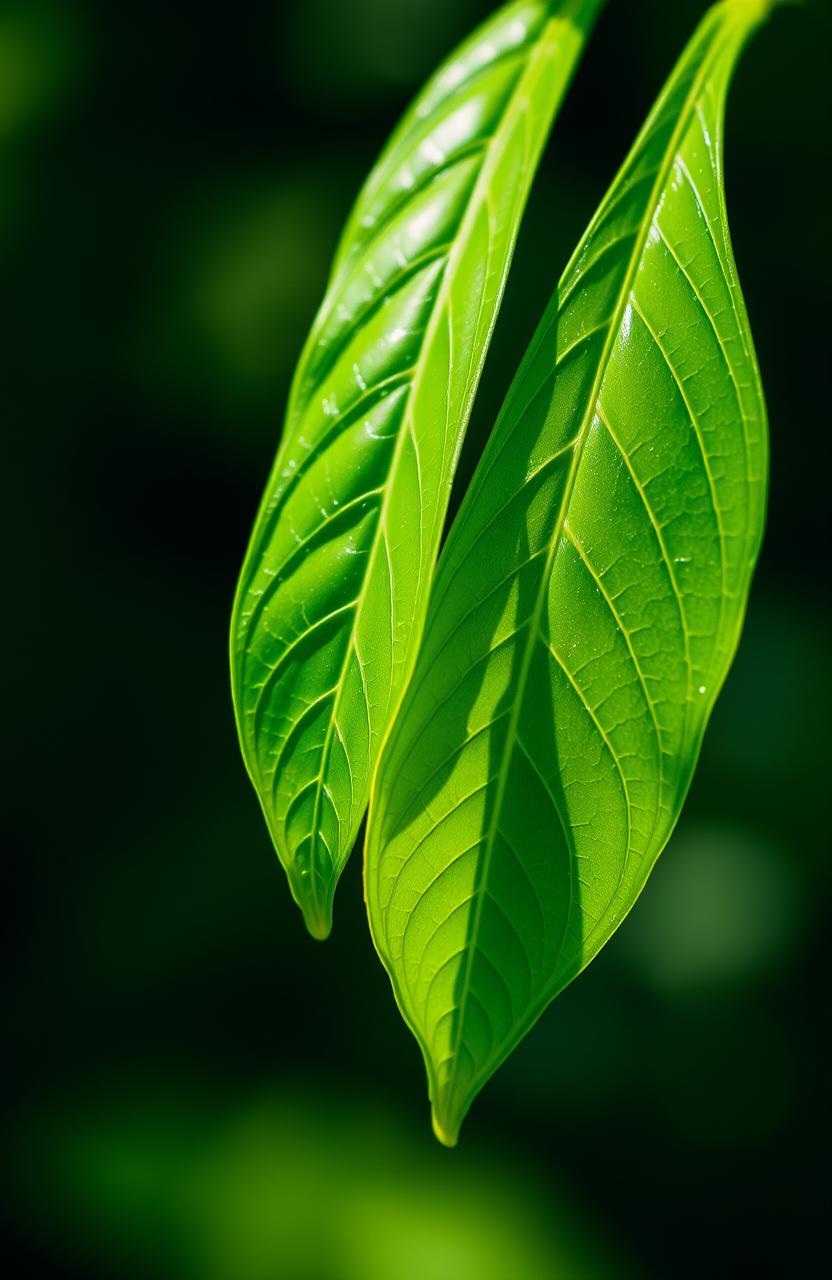 A pair of green leaves captured with intricate details, showcasing their vibrant colors and textures
