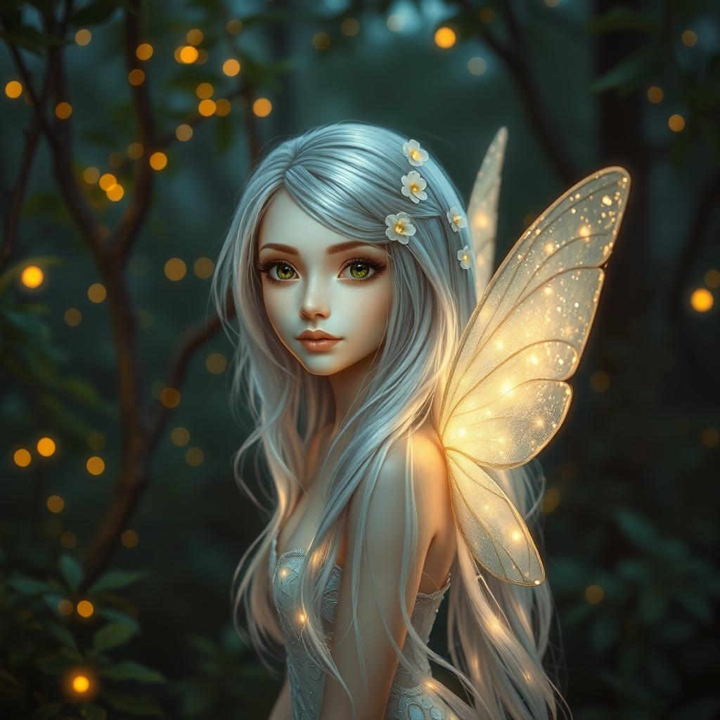 A close-up portrait of a beautiful, ethereal fairy with glowing wings, standing in a lush forest during twilight