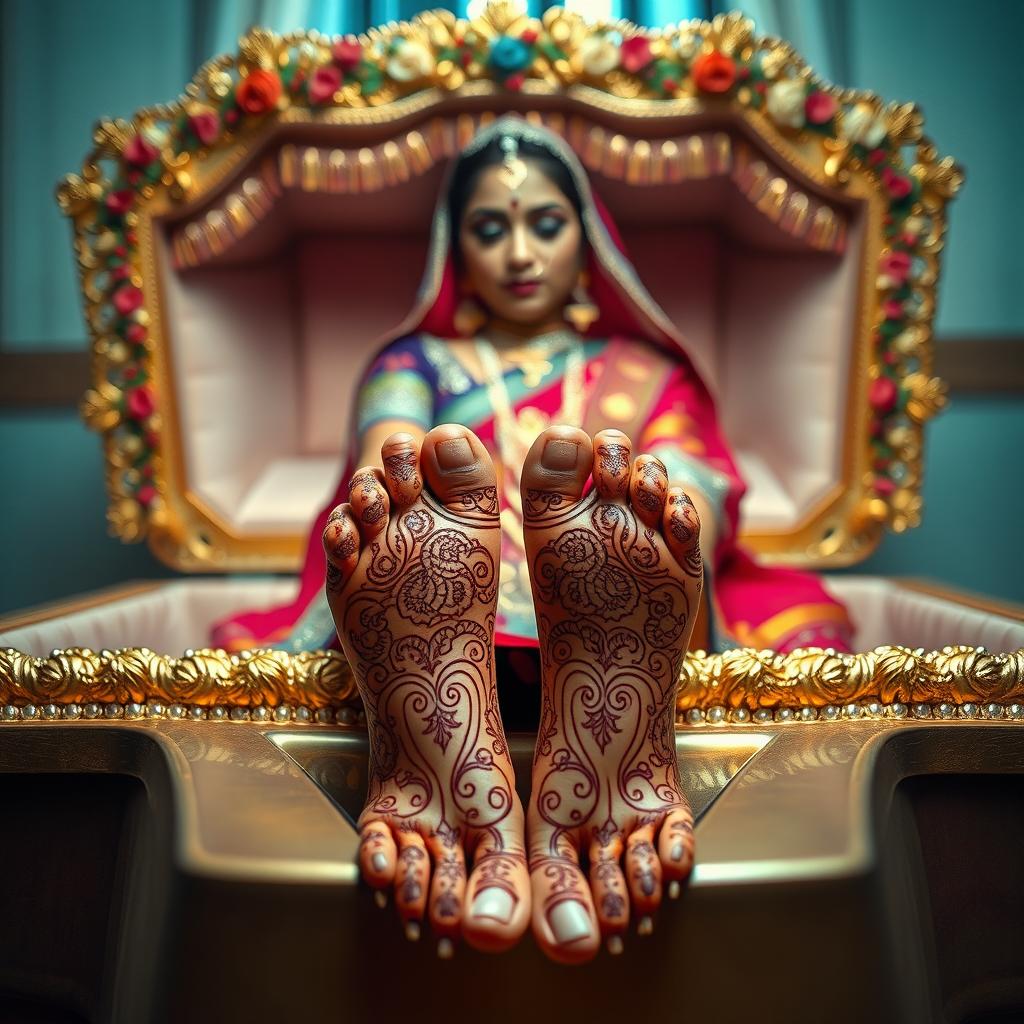 An evocative image of an elegant Indian woman, gracefully posed inside a beautifully adorned casket, highlighting the intricate details of her traditional attire with vibrant colors