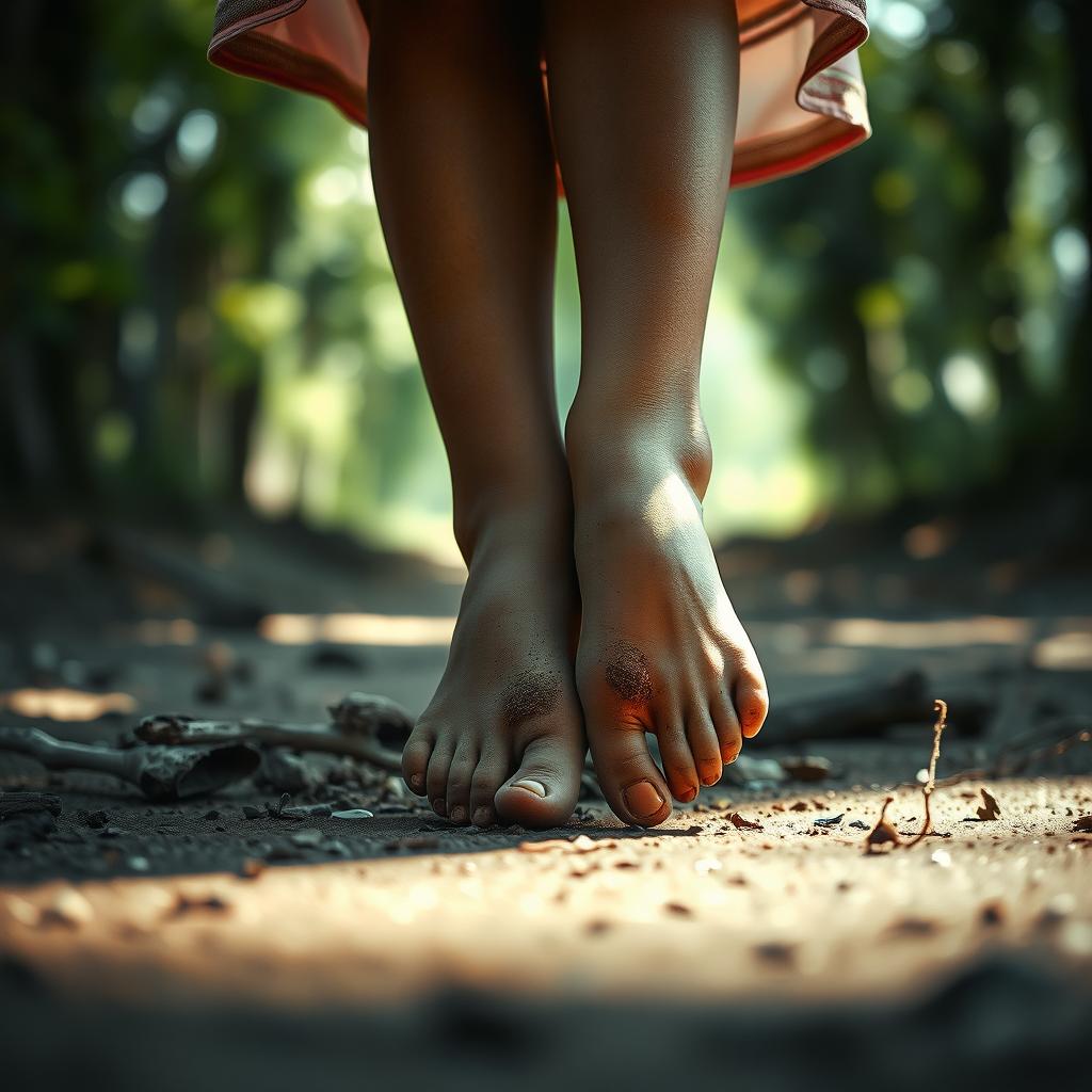 A hauntingly beautiful but sorrowful scene depicting the feet of a young girl, whose soles are dirty, symbolizing her hardships