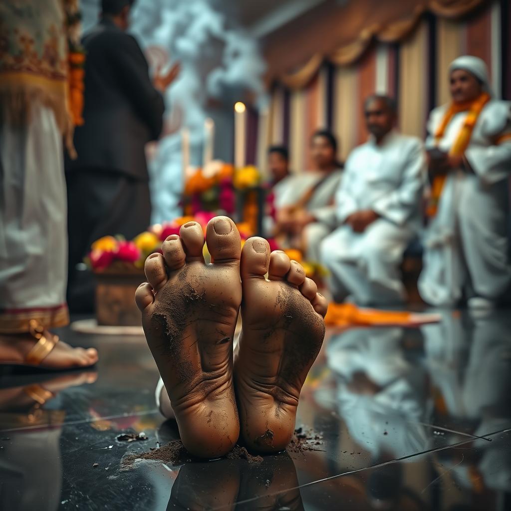 A somber and respectful scene at an Indian funeral, focusing on the feet of a young girl, with the soles visibly dirty, symbolizing the hardships endured in her short life