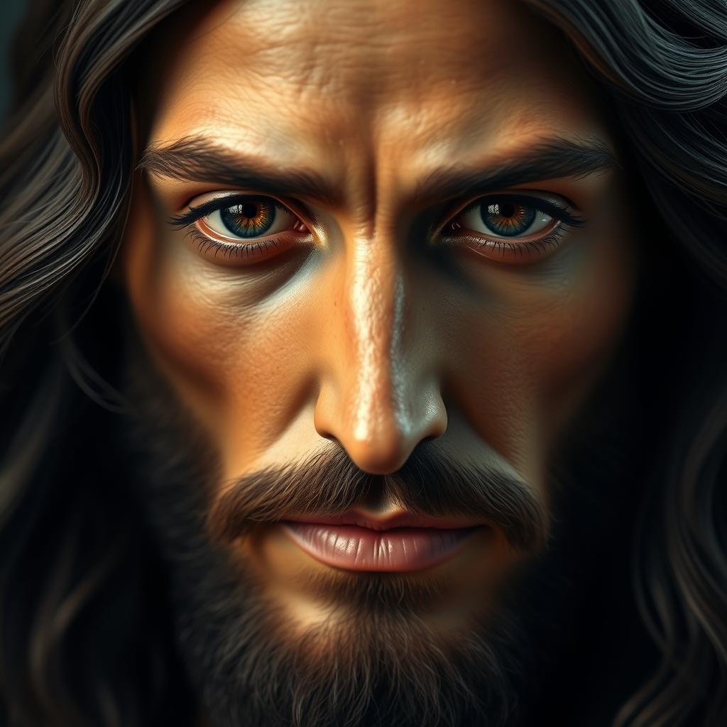 A stunningly ultra-realistic portrayal of the face of Jesus Christ, showcasing intricate details in his features