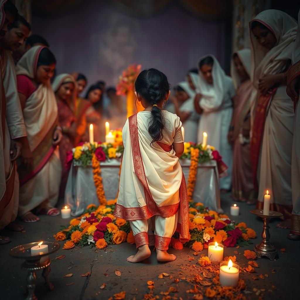A somber yet respectful scene depicting a funeral in India, featuring an Indian girl in traditional attire, with an emphasis on cultural elements such as flowers, incense, and ceremonial attire