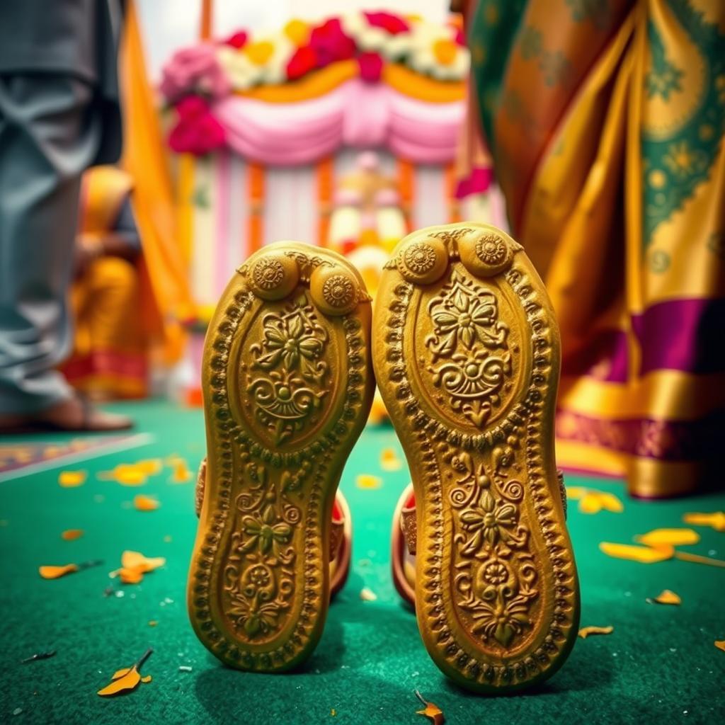 An artistic and respectful depiction of a traditional Indian funeral scene, focusing on the beautiful and intricate soles of sandals worn by attendees