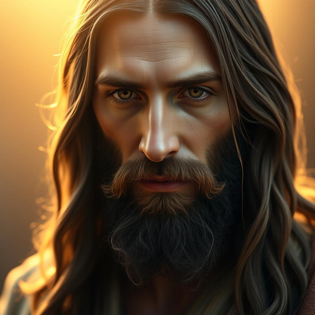 An ultra-realistic close-up portrait of Jesus Christ, focusing on his compassionate and gentle expression