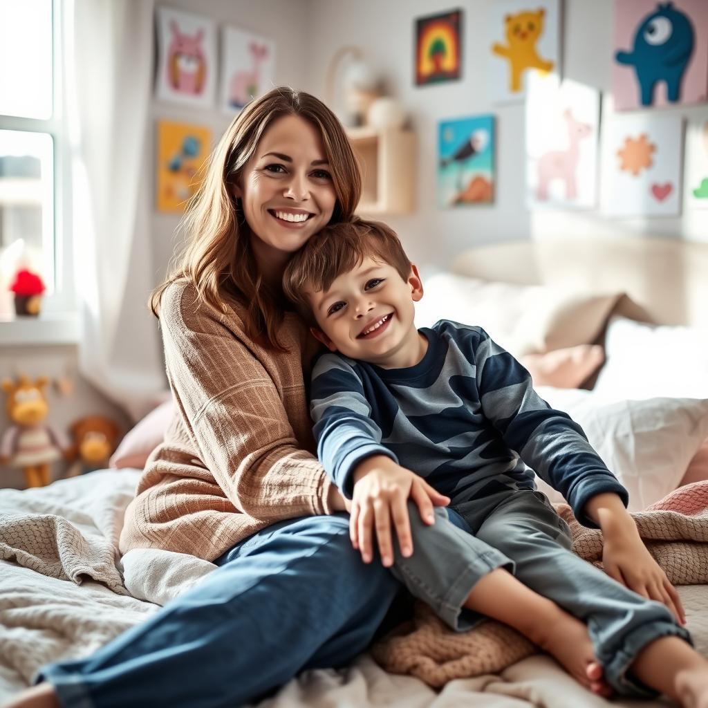 A warm and cozy scene of a mother and son sitting closely together on a bed in a softly lit room