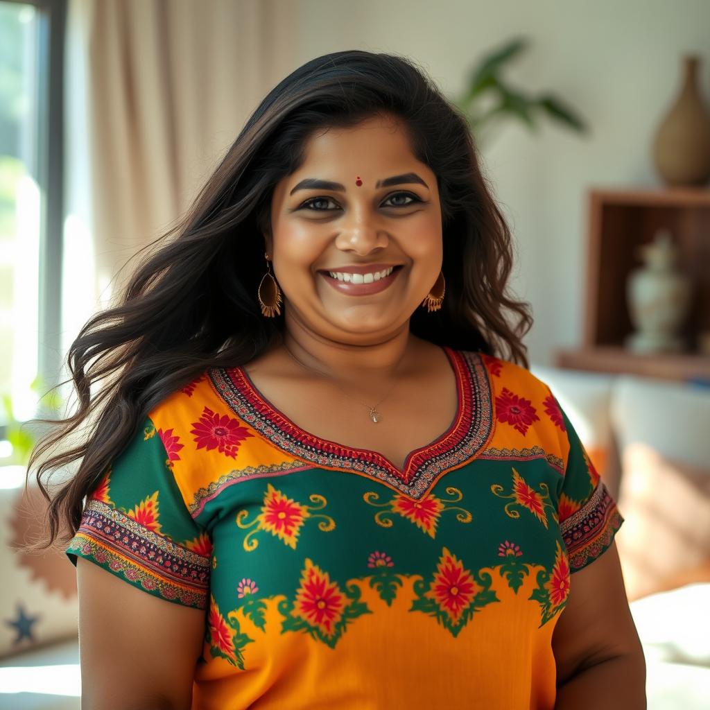 A curvy Indian mother wearing a stylish top, showcasing her confidence and charm