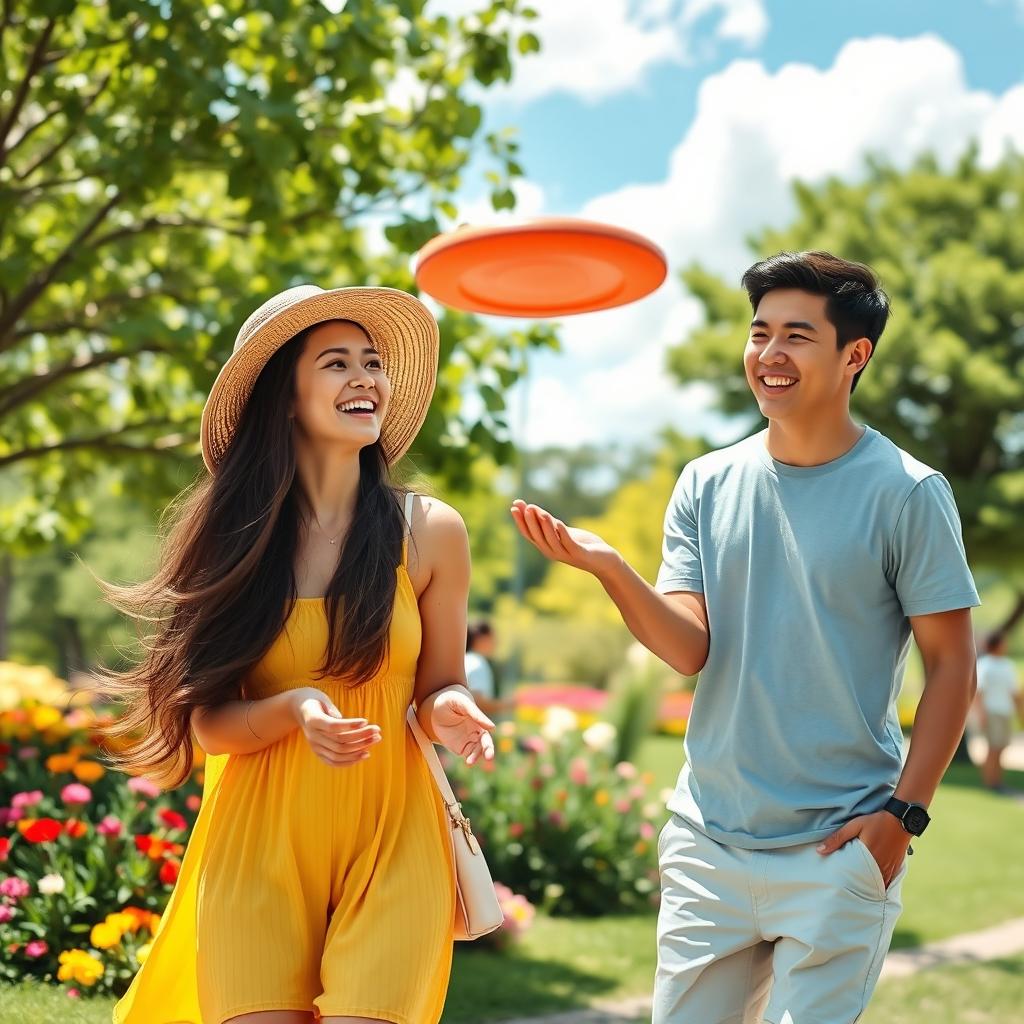 A lively scene of two friends enjoying a sunny day at a vibrant park