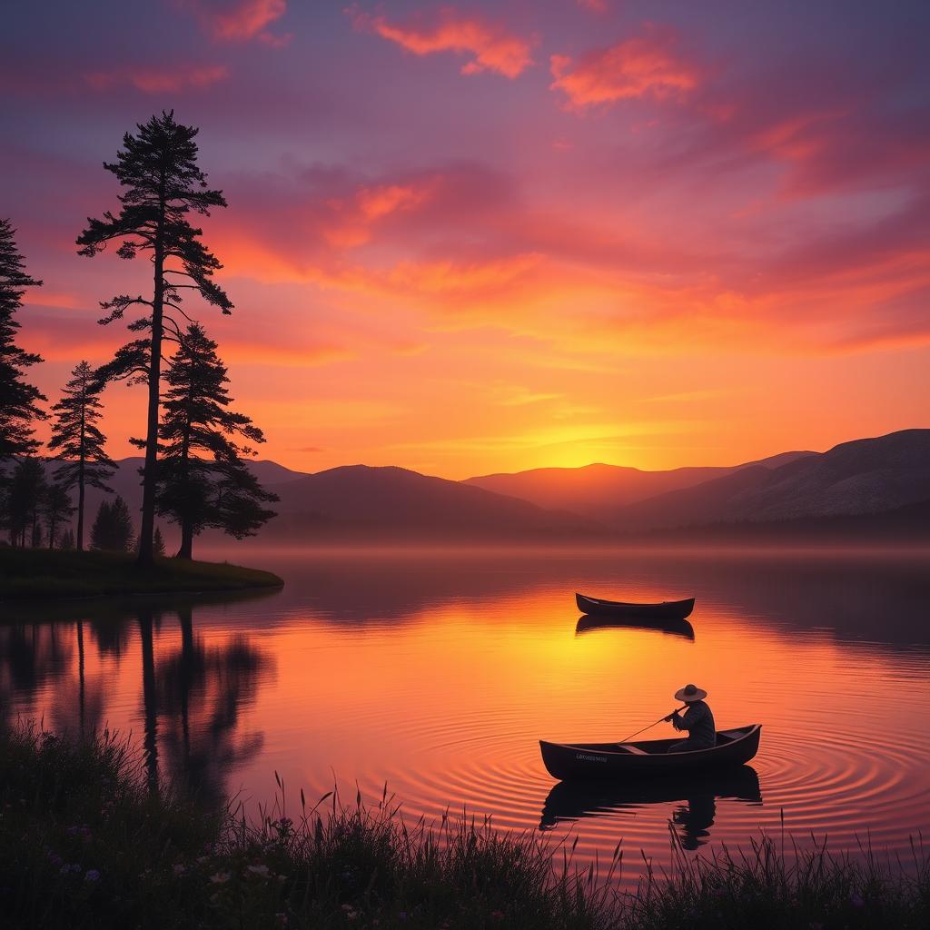 A serene landscape at sunset, featuring a tranquil lake that reflects vibrant orange and purple hues of the sky