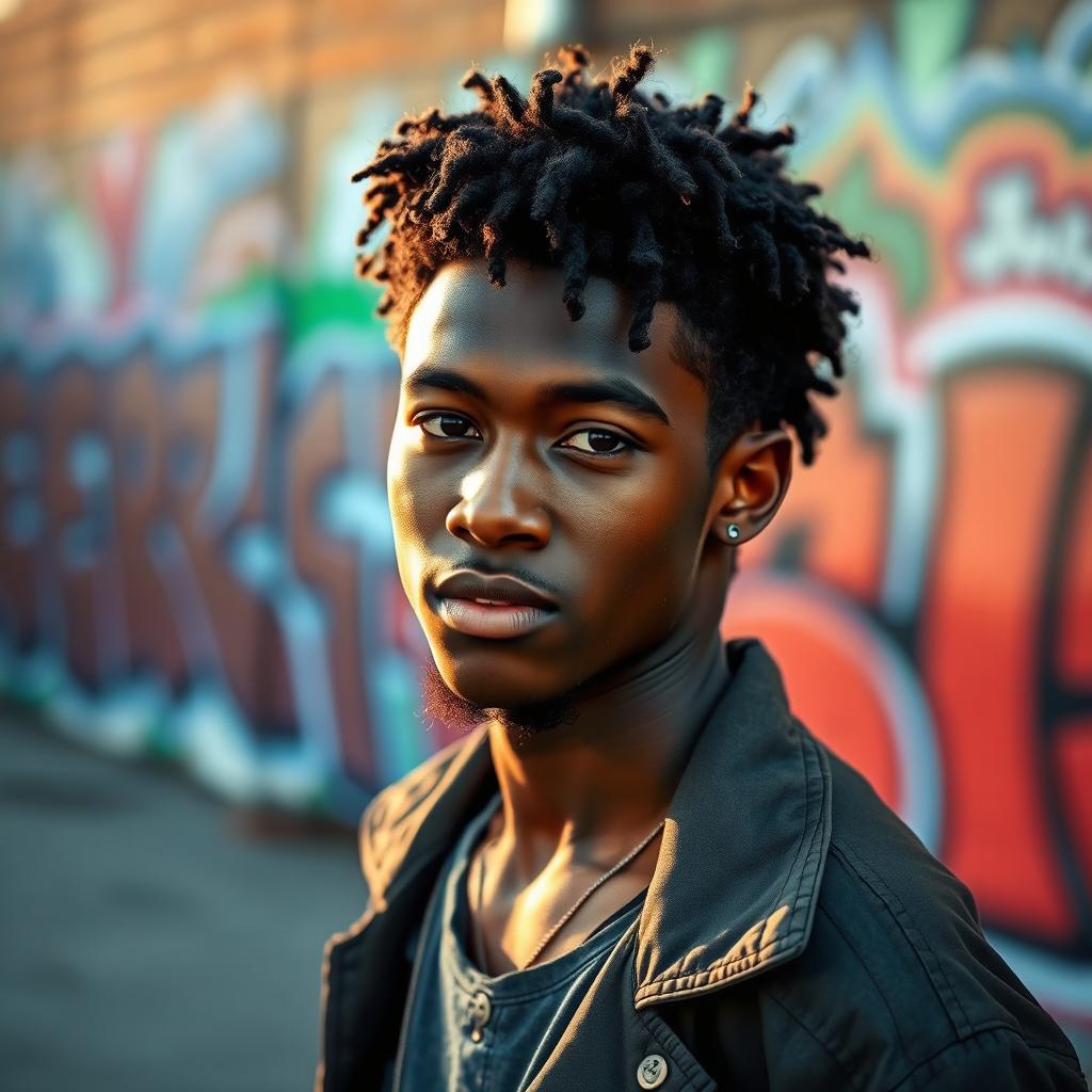 A portrait of a young man, showcasing a confident expression, standing in an urban setting with graffiti in the background