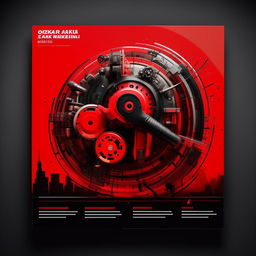 Design a catalog cover for 'OZKAR MAKINA' company, dominated by red and black colors, and includes a themed photo.