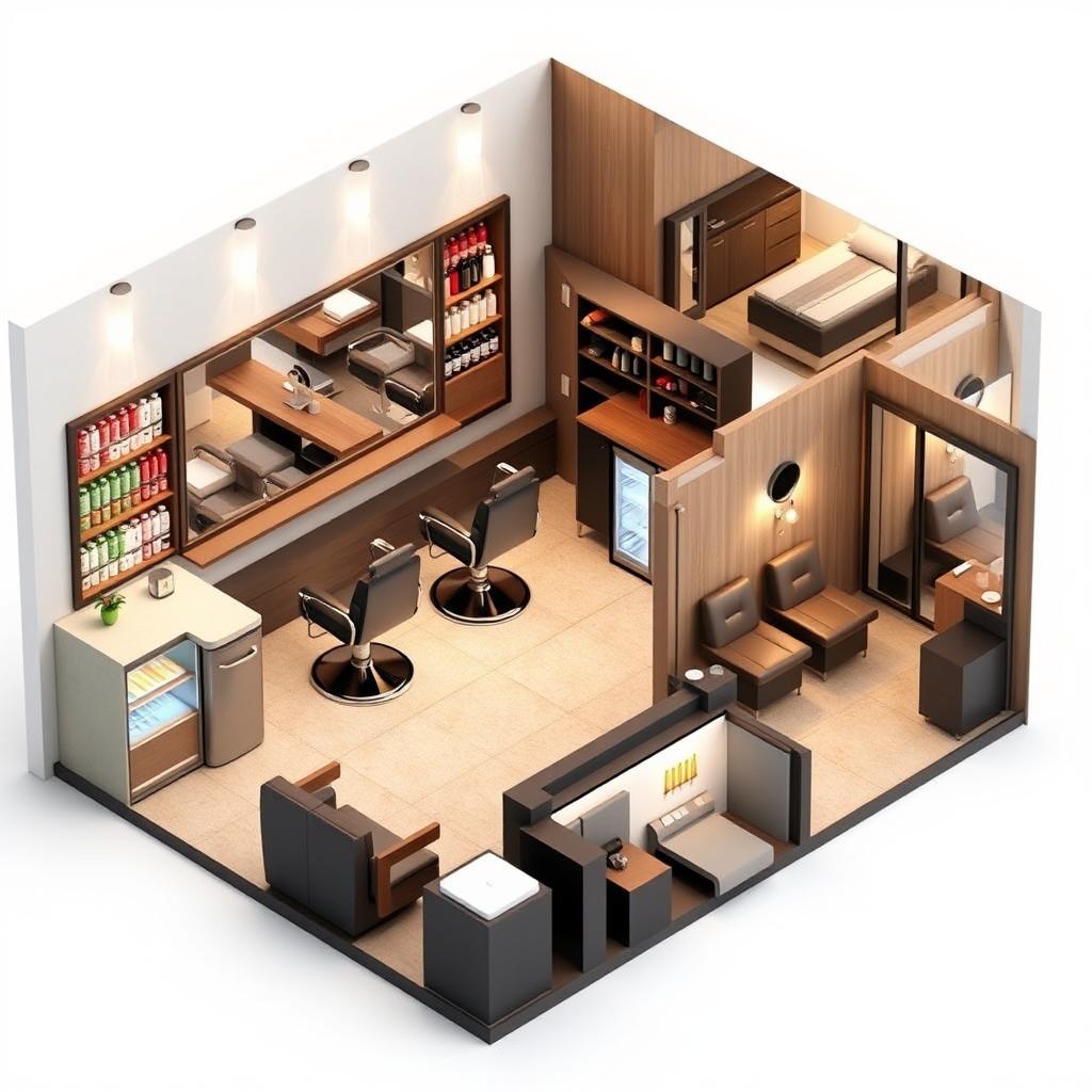 A detailed 3D design layout for a modern barber shop and spa