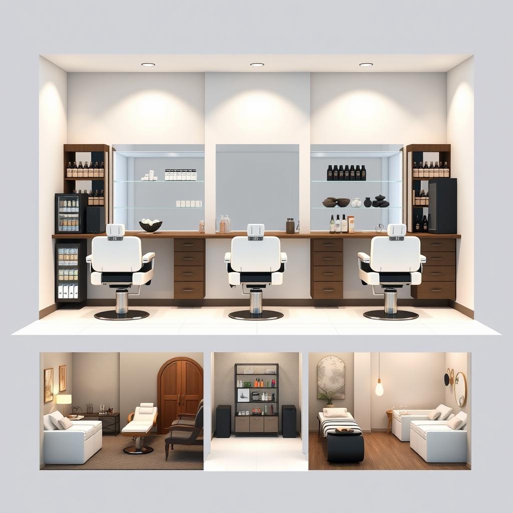 A detailed 3D design of a modern barber shop and spa